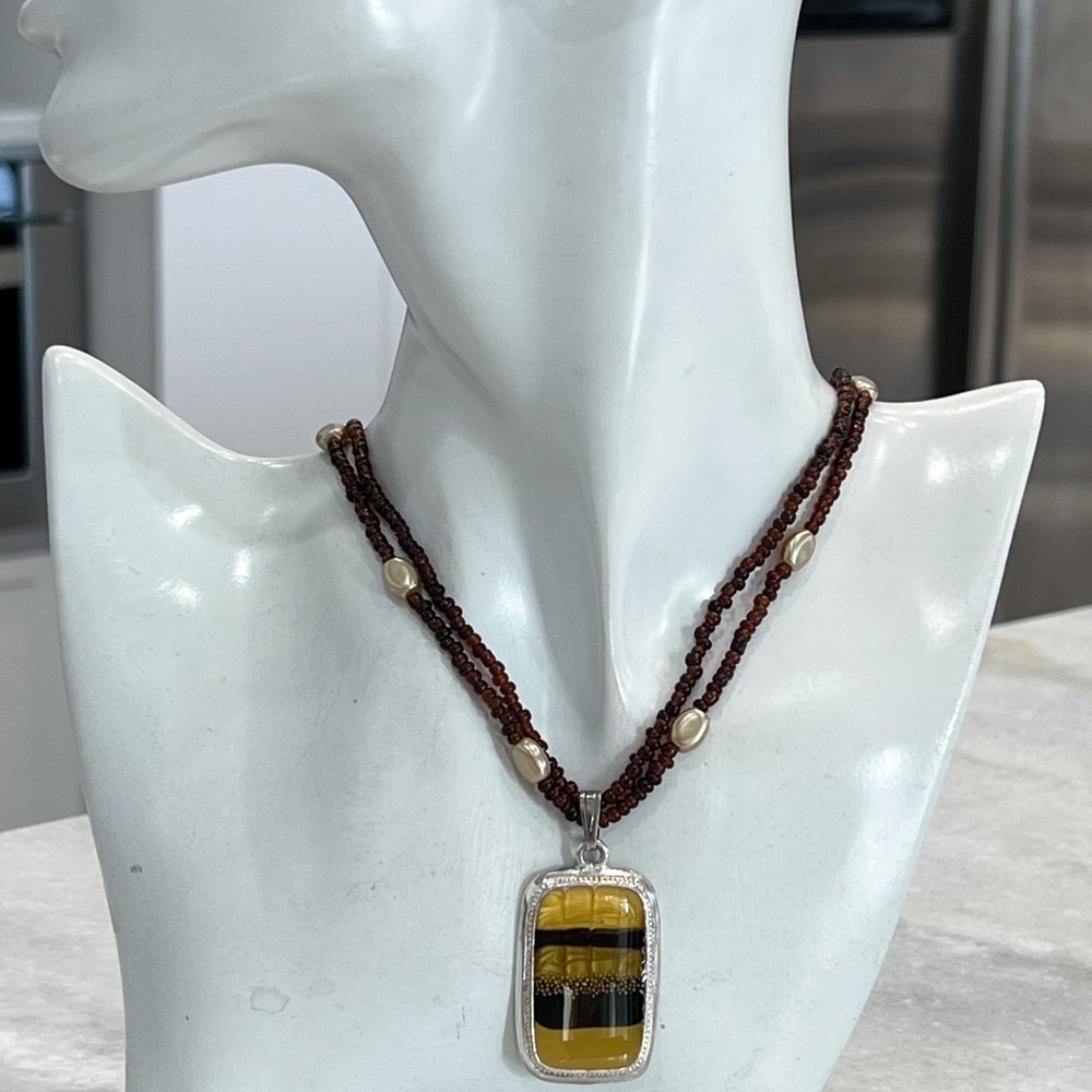 Kenneth Cole Amber & Brown Glass Silver Double Strand Brown Bead Necklace - Picture 6 of 10